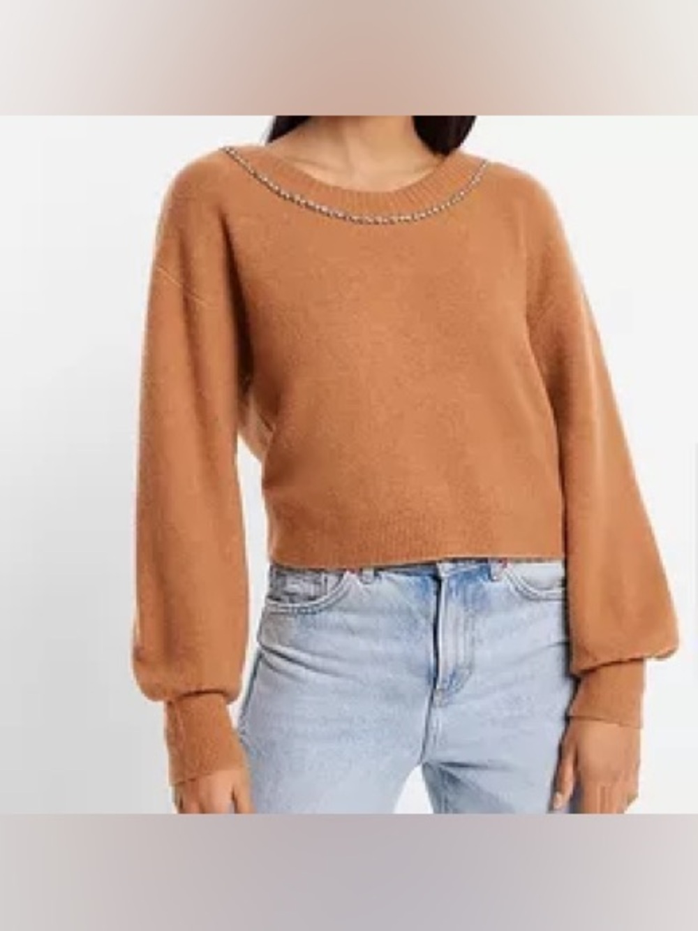 Express Camel Rhinestone Bow Sweater NWOT Size M Embellished Knit